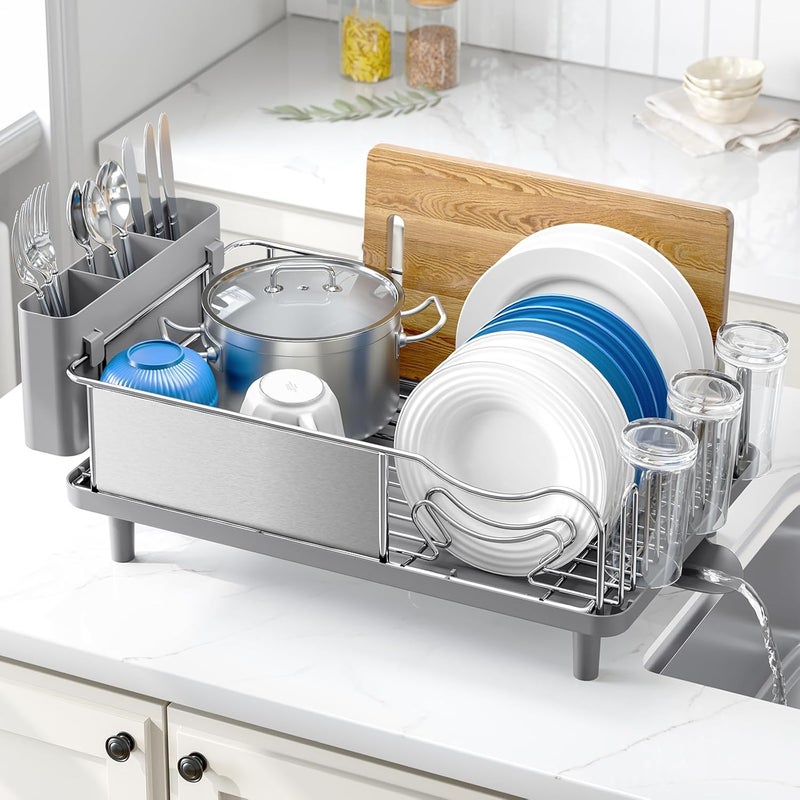 Urackify Stainless Steel Dish Drying Rack - Large Capcity 304 Grade Dish Drainer for Kitchen Counter with Drain Board, Utensil Holder & Detachable Cup Shelf, Rustproof Multifunctional Organizer - Image 1